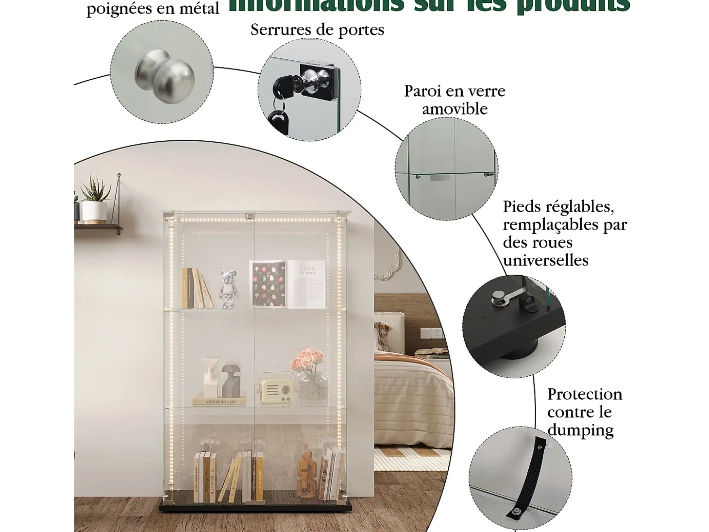 Vitrina de cristal con 4 estantes y puerta doble, vitrina para sala de estar