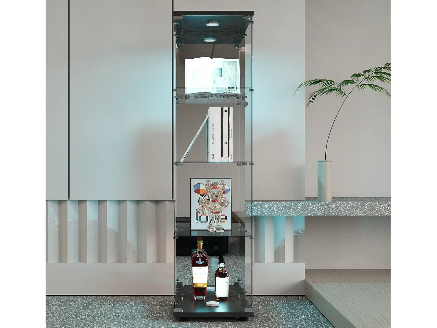 Vitrina de cristal con cerradura e iluminación LED - 4 estantes - 1 puerta - 36,5 x 42,5 x 164 cm - negra