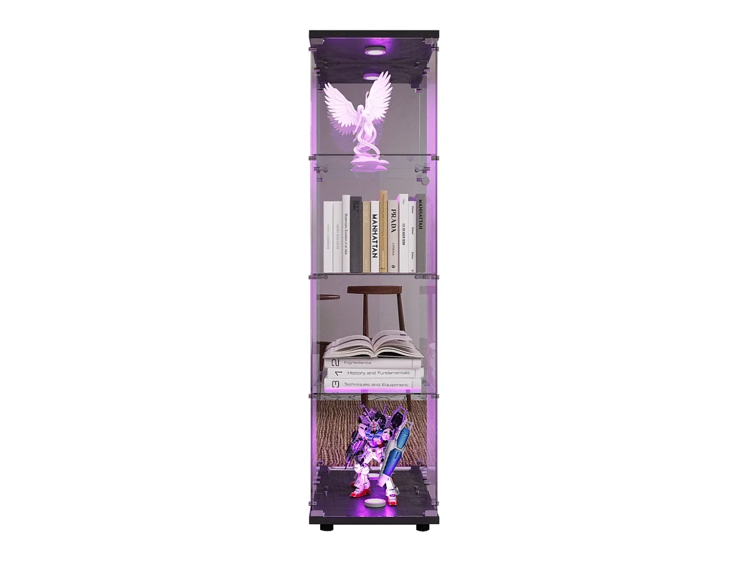 Vitrina de cristal con cerradura e iluminación LED - 4 estantes - 1 puerta - 36,5 x 42,5 x 164 cm - negra