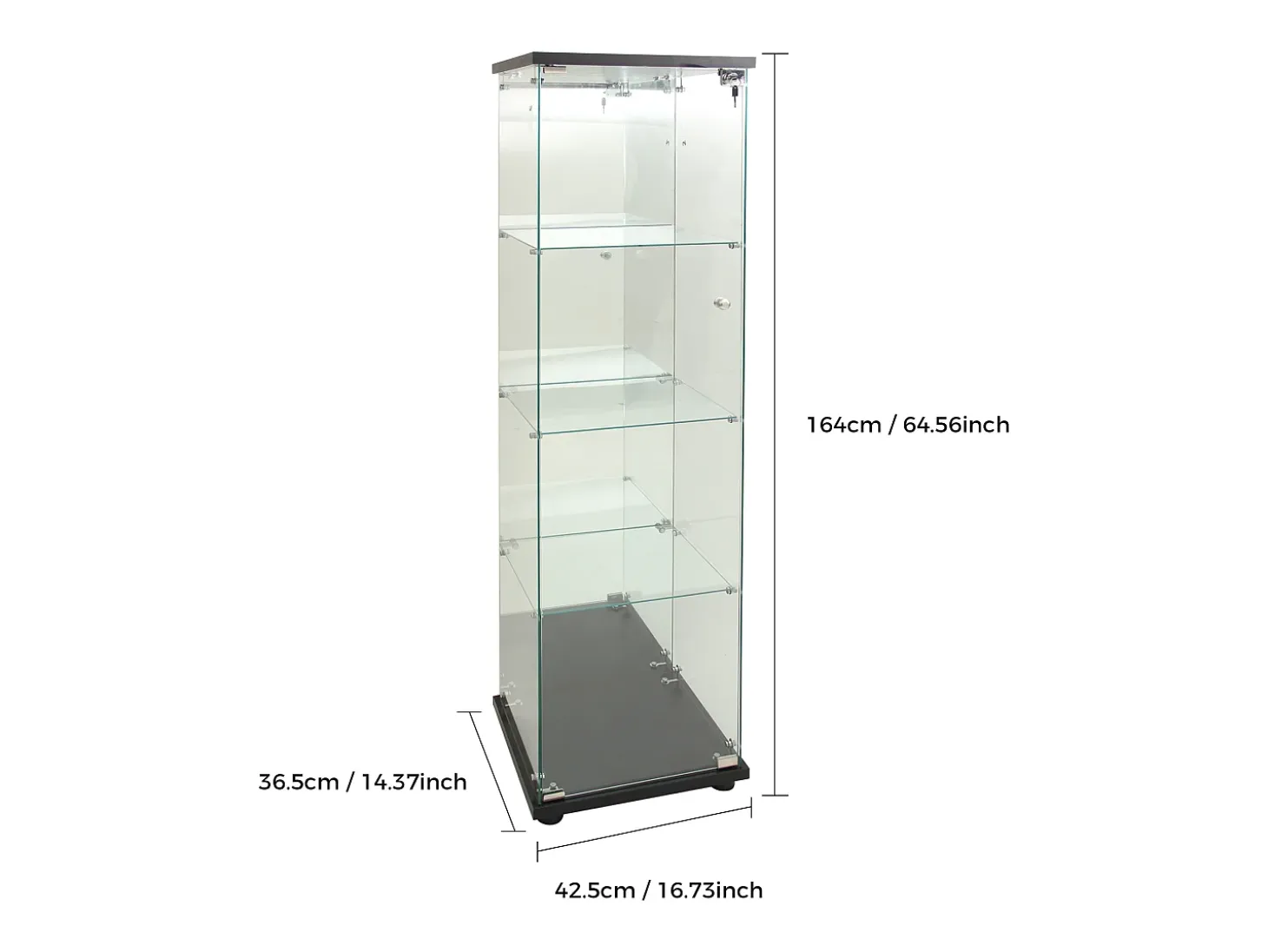 Vitrina de cristal con cerradura e iluminación LED - 4 estantes - 1 puerta - 36,5 x 42,5 x 164 cm - negra