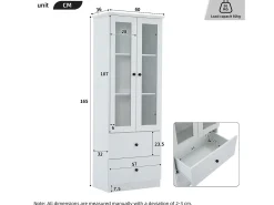 Vitrina de cristal con iluminación LED, 2 puertas y 2 cajones, 60 x 35,5 x 165 cm, color blanco