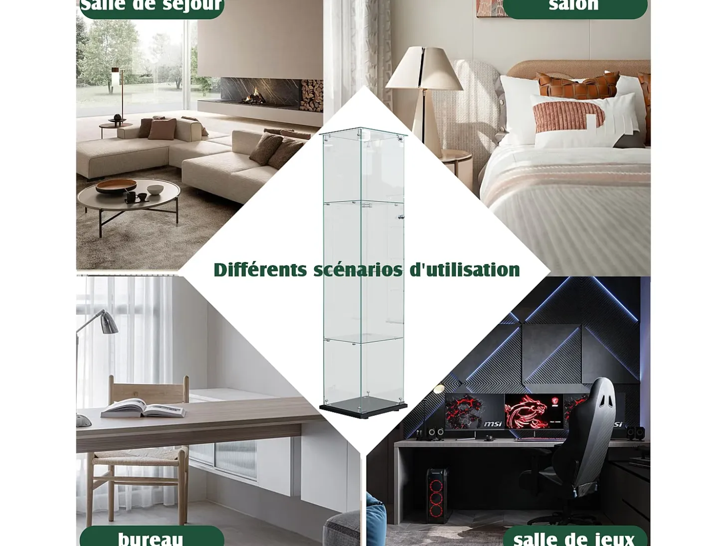 Vitrina de cristal con iluminación LED táctil, puertas y estantes con cerradura, 163x40x35 cm, negra