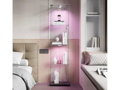 Vitrina de cristal con iluminación LED táctil, puertas y estantes con cerradura, 163x40x35 cm, negra