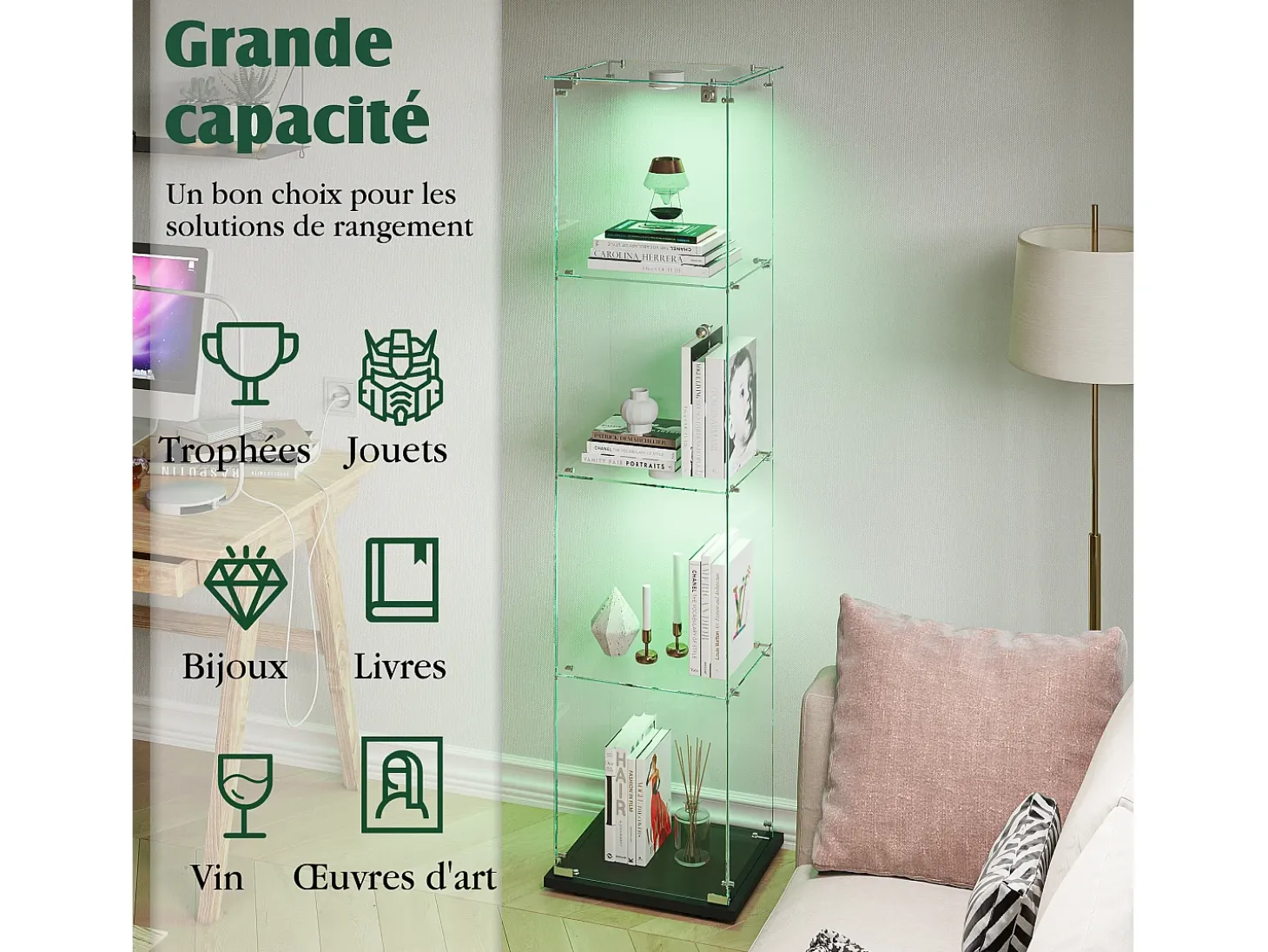Vitrina de cristal con iluminación LED táctil, puertas y estantes con cerradura, 163x40x35 cm, negra