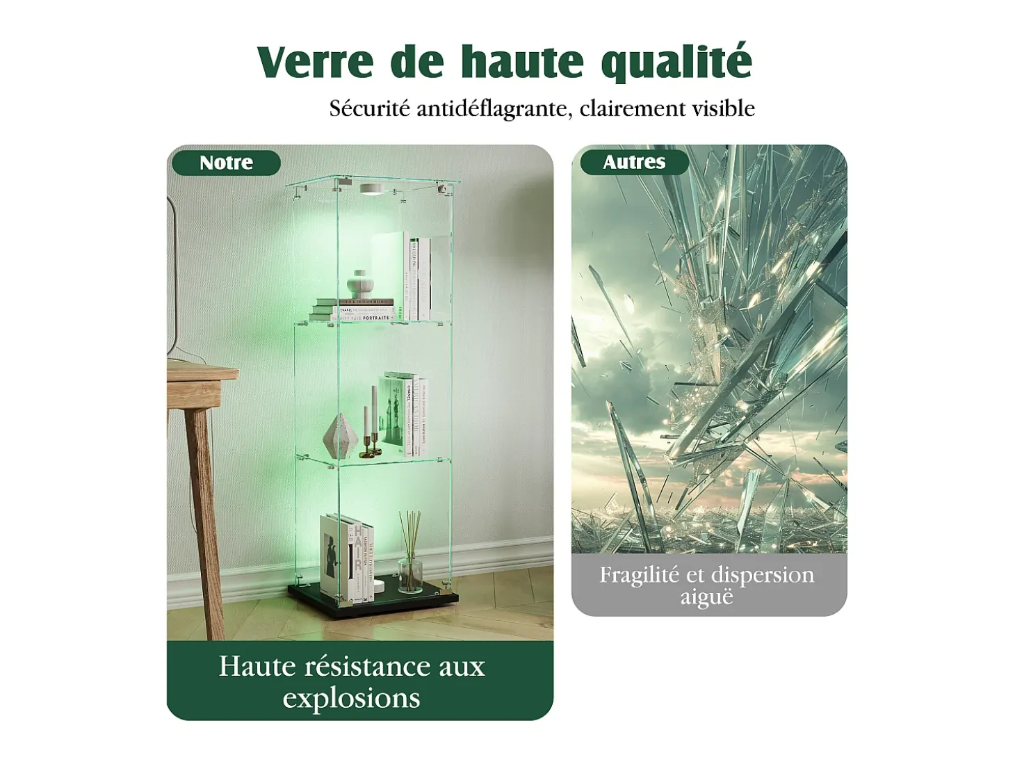 Vitrina de cristal con iluminación LED activada por tacto, 1 puerta, 3 estantes ajustables, 125 x 42 x 36 cm, negra