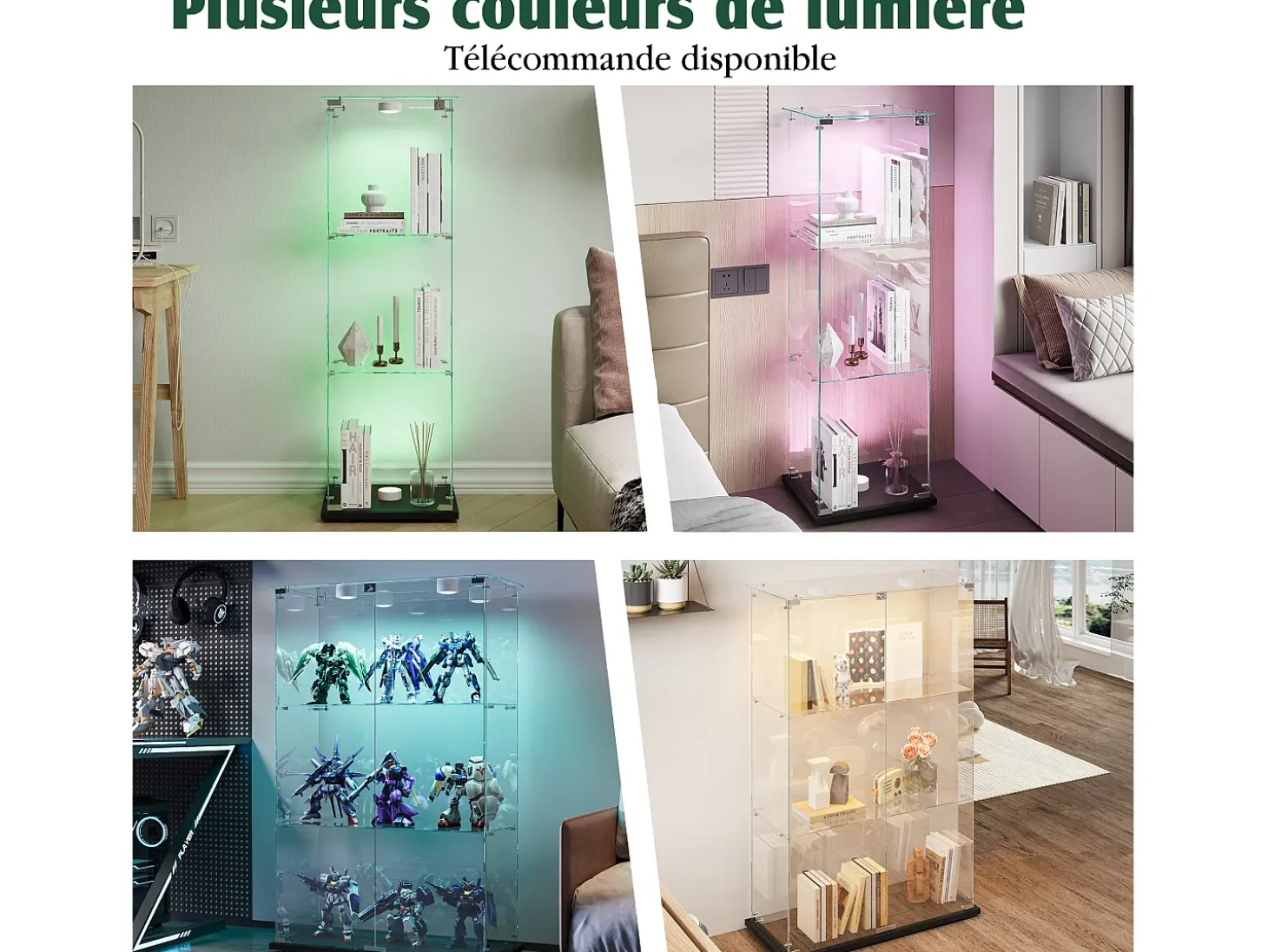 Vitrina de cristal con iluminación LED activada por tacto, 1 puerta, 3 estantes ajustables, 125 x 42 x 36 cm, negra
