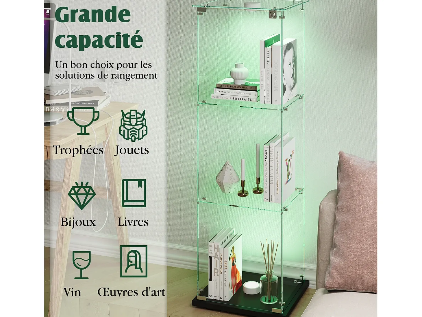 Vitrina de cristal con iluminación LED activada por tacto, 1 puerta, 3 estantes ajustables, 125 x 42 x 36 cm, negra