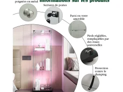 Vitrina de cristal con iluminación LED activada por tacto, 1 puerta, 3 estantes ajustables, 125 x 42 x 36 cm, negra