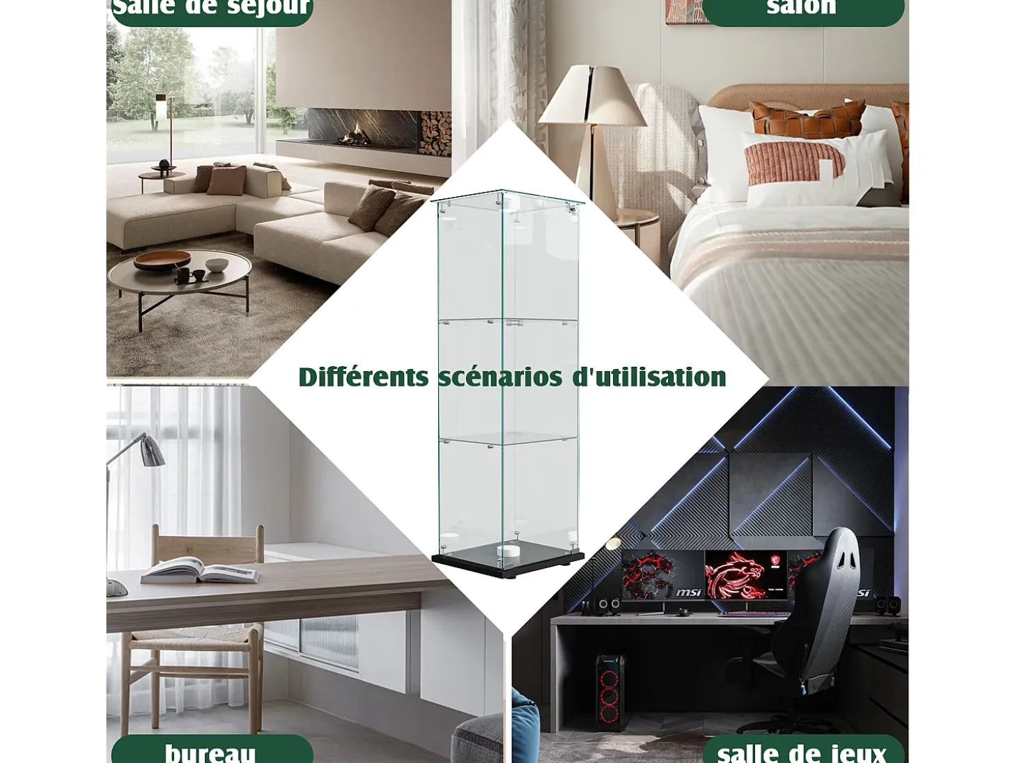 Vitrina de cristal con iluminación LED activada por tacto, 1 puerta, 3 estantes ajustables, 125 x 42 x 36 cm, negra