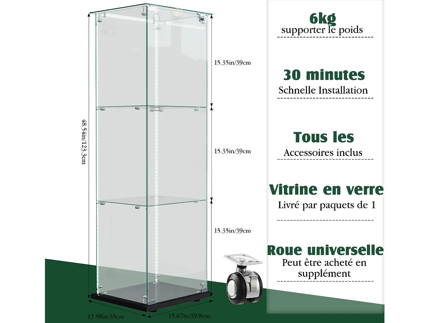 Vitrina de cristal con iluminación LED, 1 puerta con cerradura, 3 estantes ajustables, 125 x 42 x 36 cm, negra