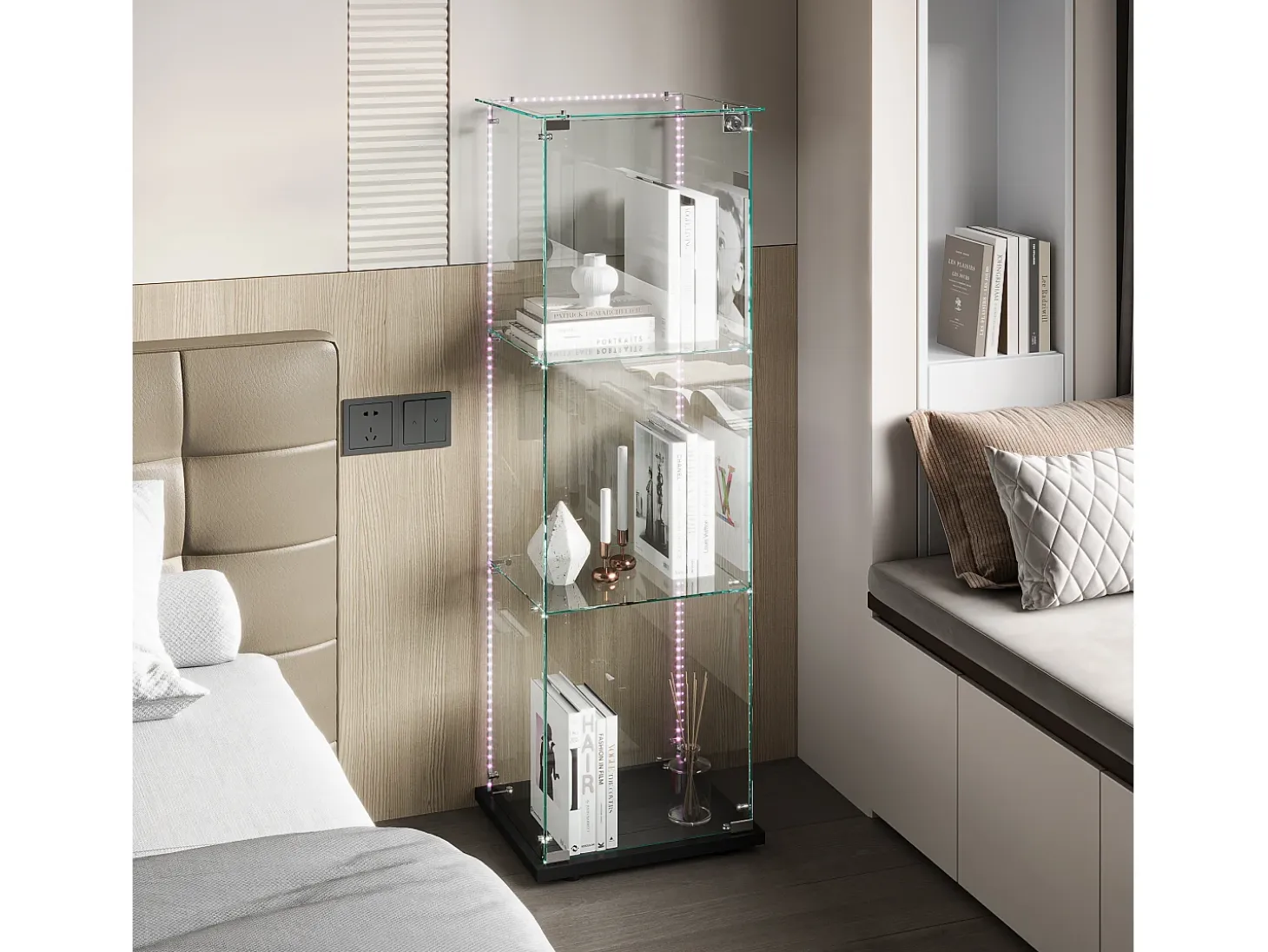 Vitrina de cristal con iluminación LED, 1 puerta con cerradura, 3 estantes ajustables, 125 x 42 x 36 cm, negra