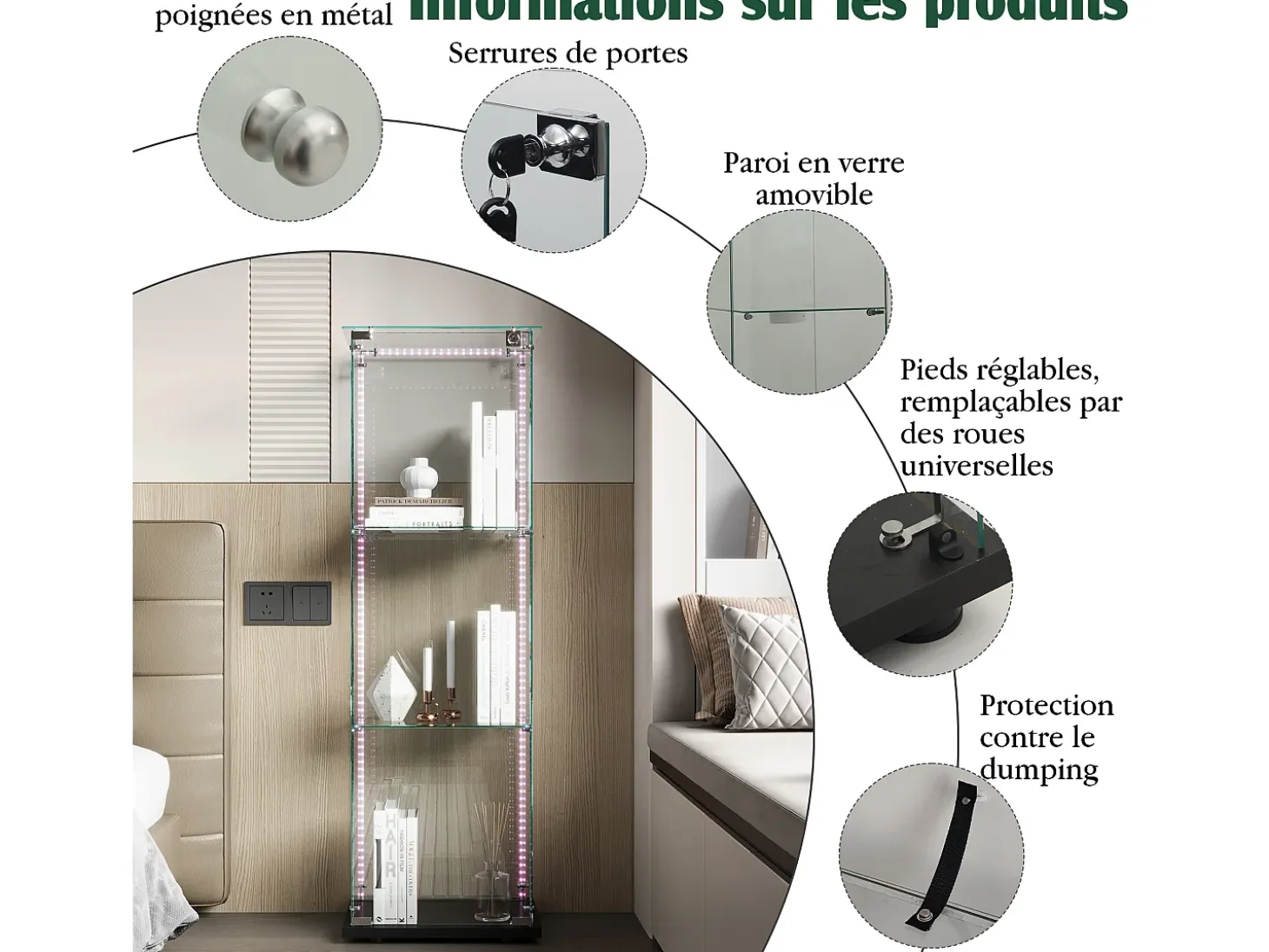 Vitrina de cristal con iluminación LED, 1 puerta con cerradura, 3 estantes ajustables, 125 x 42 x 36 cm, negra