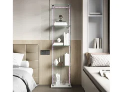 Vitrina de cristal con iluminación LED, puertas y estantes con cerradura, ideal para salón o bar. Medidas: 163 x 40 x 35 cm. Color: Blanco.