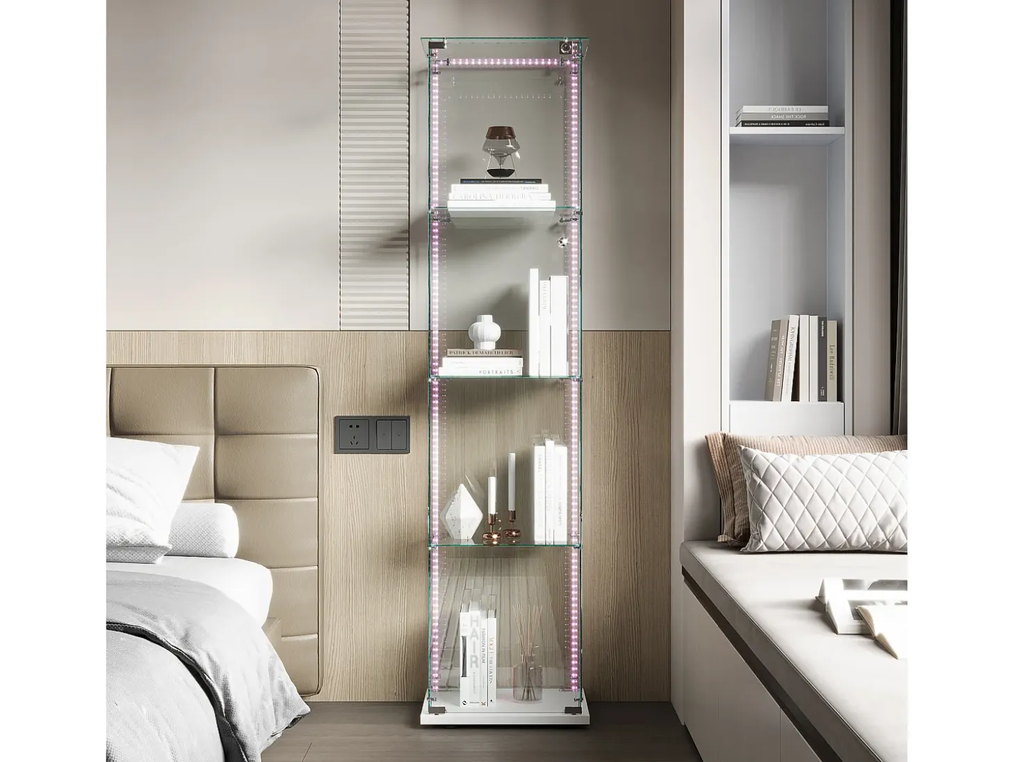 Vitrina de cristal con iluminación LED, puertas y estantes con cerradura, ideal para salón o bar. Medidas: 163 x 40 x 35 cm. Color: Blanco.