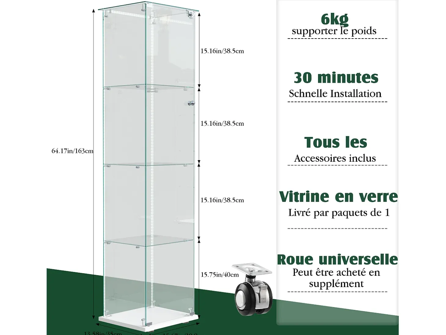 Vitrina de cristal con iluminación LED, puertas y estantes con cerradura, ideal para salón o bar. Medidas: 163 x 40 x 35 cm. Color: Blanco.