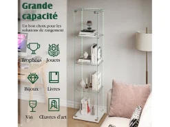 Vitrina de cristal con iluminación LED, puertas y estantes con cerradura, ideal para salón o bar. Medidas: 163 x 40 x 35 cm. Color: Blanco.