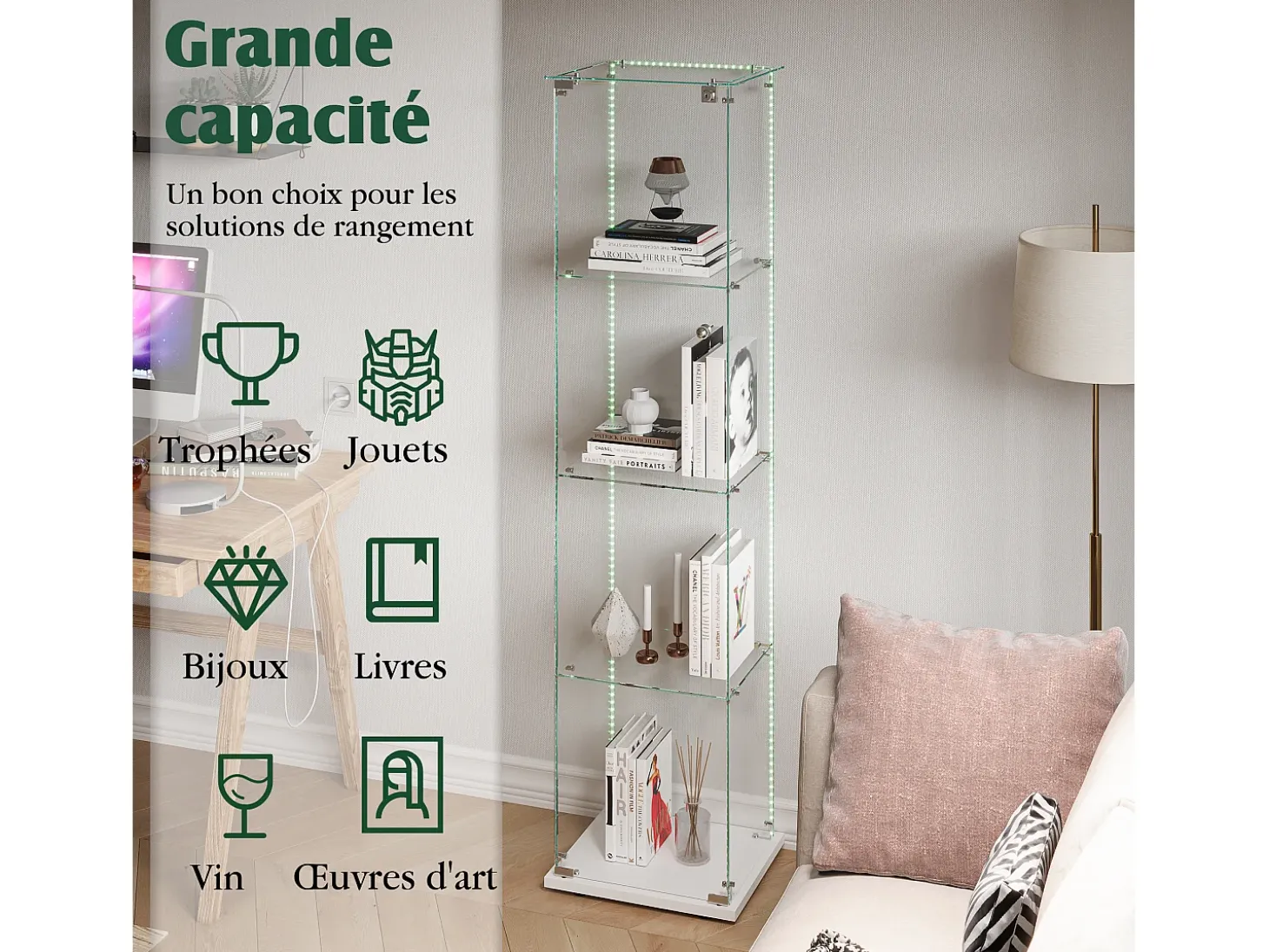 Vitrina de cristal con iluminación LED, puertas y estantes con cerradura, ideal para salón o bar. Medidas: 163 x 40 x 35 cm. Color: Blanco.