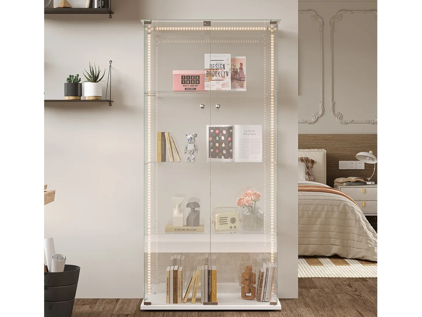 Vitrina de cristal con iluminación LED, 4 estantes y 2 puertas, 78 x 35 x 163 cm, blanca