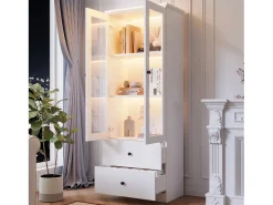 Vitrina de cristal con iluminación LED, 2 puertas y 2 cajones, 60 x 35,5 x 165 cm, blanca