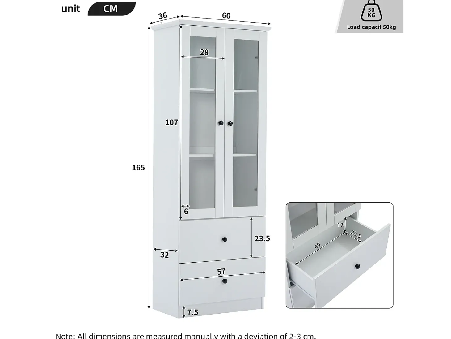 Vitrina de cristal con iluminación LED, 2 puertas y 2 cajones, 60 x 35,5 x 165 cm, blanca