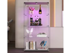 Vitrina de cristal con soporte, LED, 2 puertas con cerradura, 4 compartimentos, para colecciones y decoración