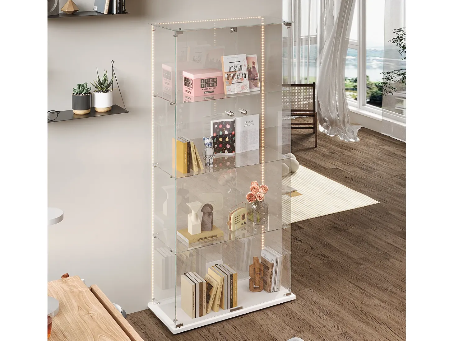 Vitrina de cristal con tiras LED, vitrina, 2 puertas con cerradura, 4 estantes, 163 x 78,5 x 35 cm, color blanco