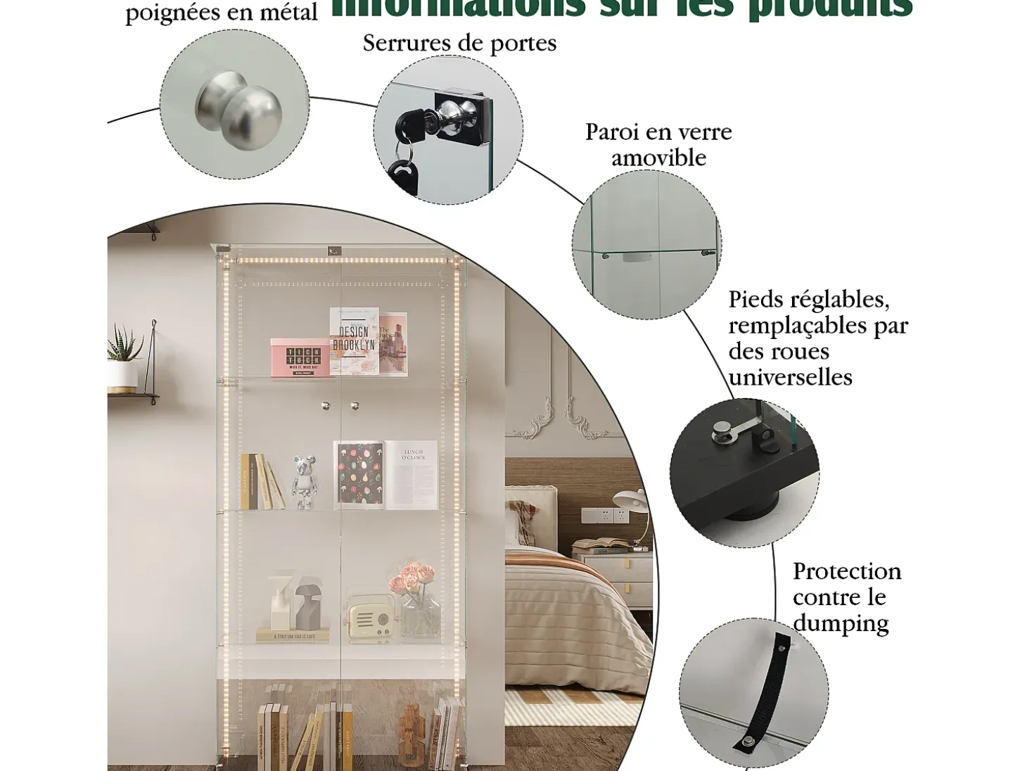 Vitrina de cristal con tiras LED, vitrina, 2 puertas con cerradura, 4 estantes, 163 x 78,5 x 35 cm, color blanco