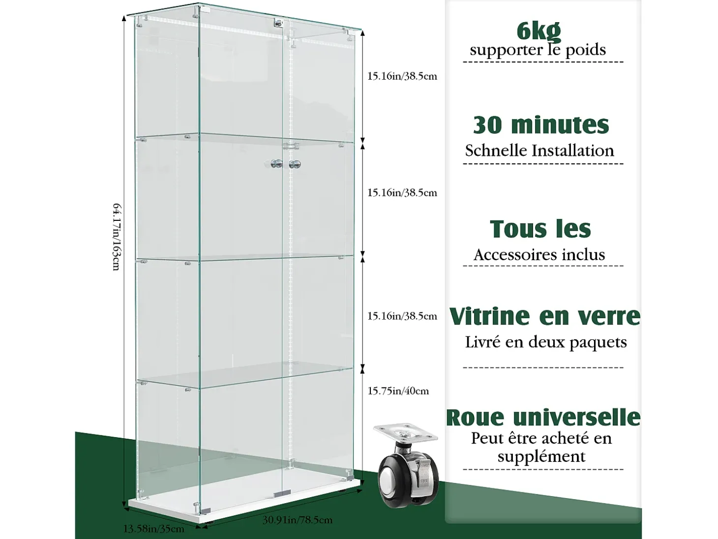 Vitrina de cristal con tiras LED, vitrina, 2 puertas con cerradura, 4 estantes, 163 x 78,5 x 35 cm, color blanco