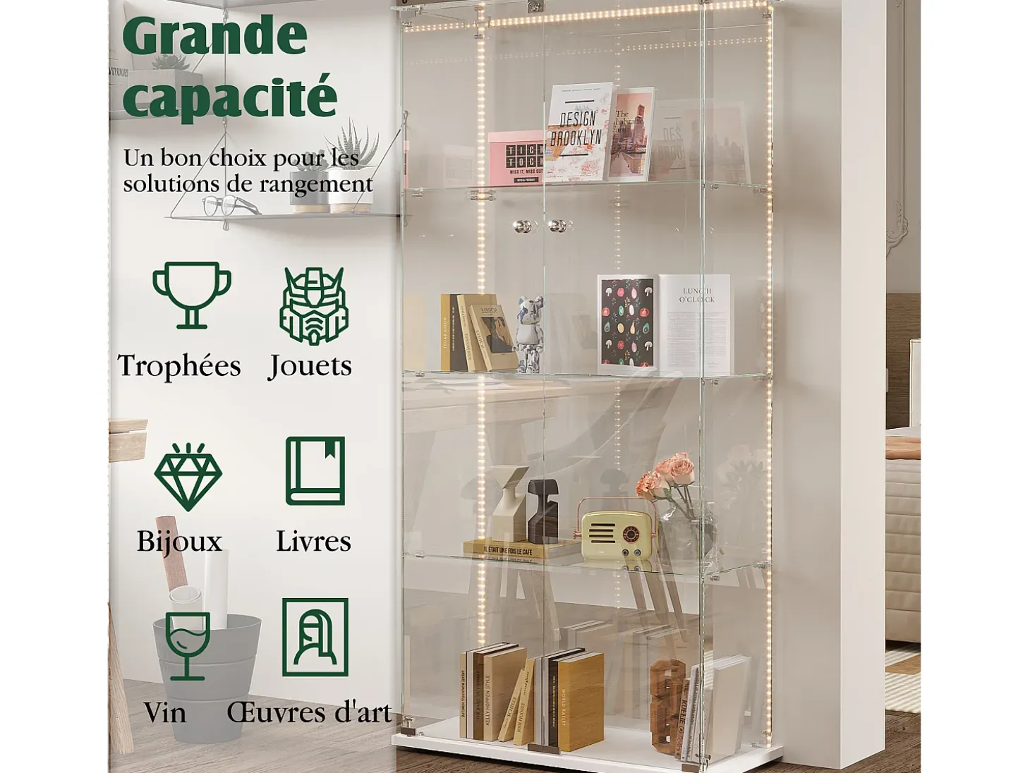 Vitrina de cristal con tiras LED, vitrina, 2 puertas con cerradura, 4 estantes, 163 x 78,5 x 35 cm, color blanco