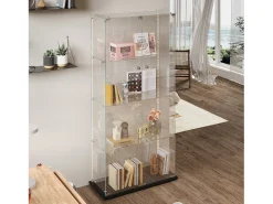 Vitrina de cristal con tiras LED, vitrina, 2 puertas con cerradura, 4 estantes, 163 x 78,5 x 35 cm, color negro