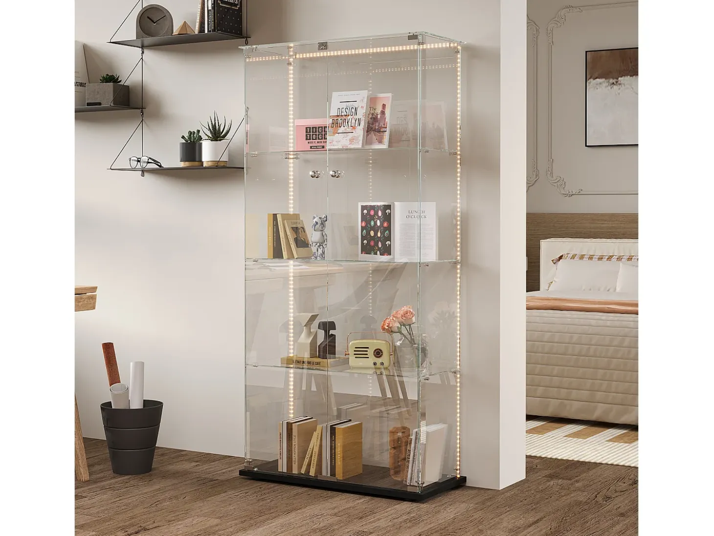 Vitrina de cristal con tiras LED, vitrina, 2 puertas con cerradura, 4 estantes, 163 x 78,5 x 35 cm, color negro