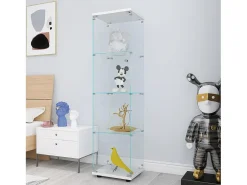 Vitrina de cristal de 164 cm, 4 estantes, 1 puerta y cerradura, vitrina independiente para dormitorio y sala de estar, color blanco