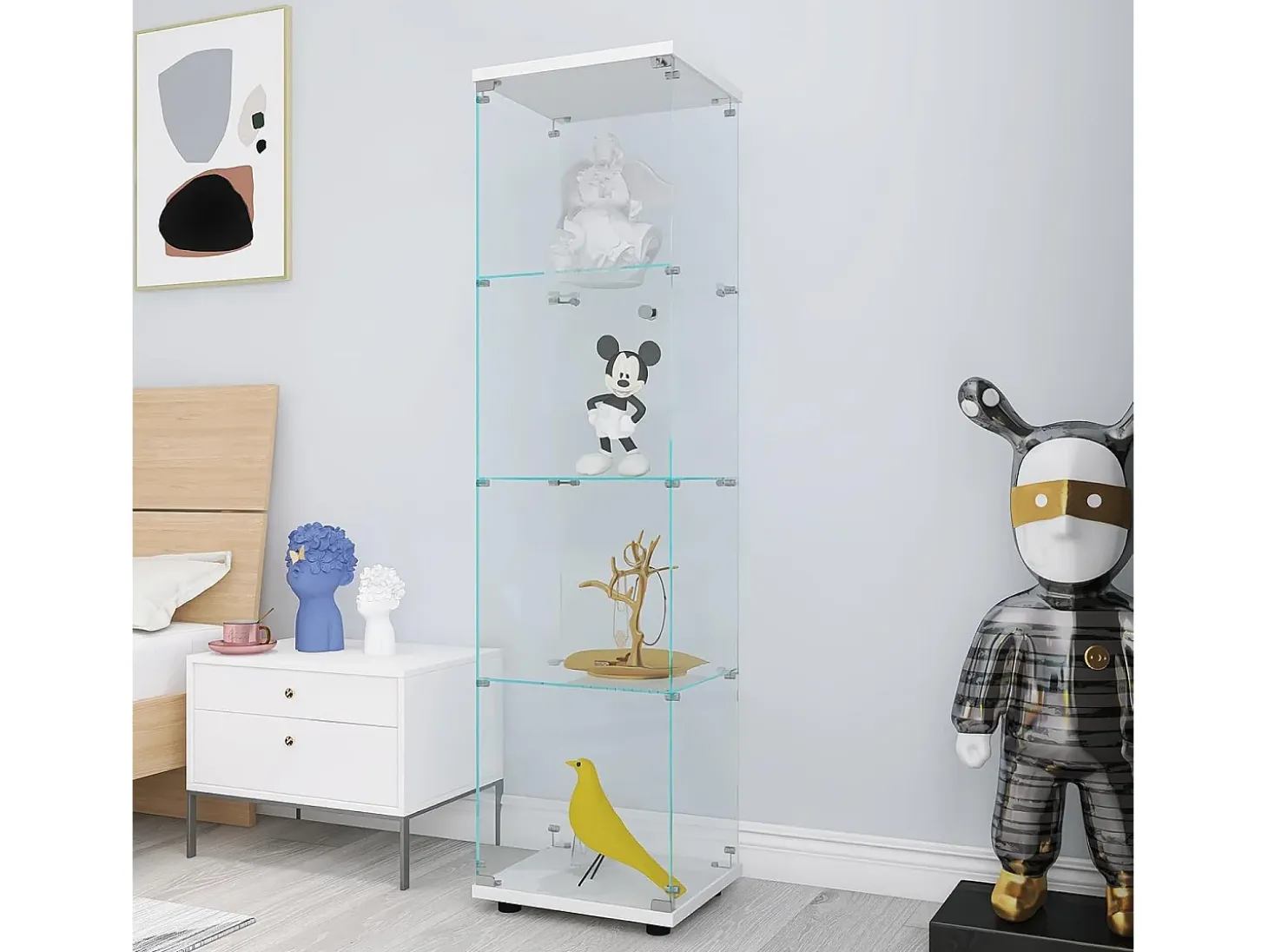 Vitrina de cristal de 164 cm, 4 estantes, 1 puerta y cerradura, vitrina independiente para dormitorio y sala de estar, color blanco