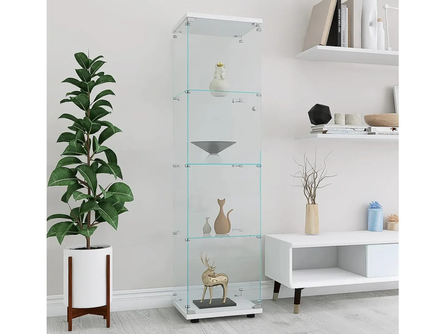 Vitrina de cristal de 164 cm, 4 estantes, 1 puerta y cerradura, vitrina independiente para dormitorio y sala de estar, color blanco
