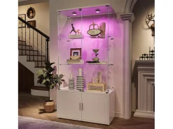 Vitrina de cristal de 3 estantes con gabinetes e iluminación LED – Diseño moderno blanco