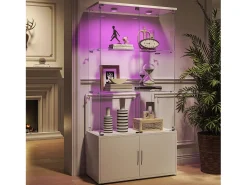 Vitrina de cristal de 3 estantes con gabinetes e iluminación LED – Diseño moderno blanco