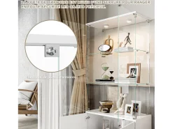 Vitrina de cristal de 3 estantes con gabinetes e iluminación LED – Diseño moderno blanco