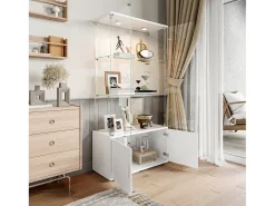 Vitrina de cristal de 3 estantes con gabinetes e iluminación LED – Diseño moderno blanco