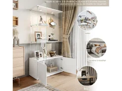 Vitrina de cristal de 3 estantes con gabinetes e iluminación LED – Diseño moderno blanco