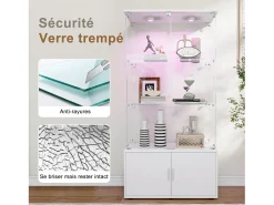 Vitrina de cristal de 3 estantes con gabinetes e iluminación LED – Diseño moderno blanco