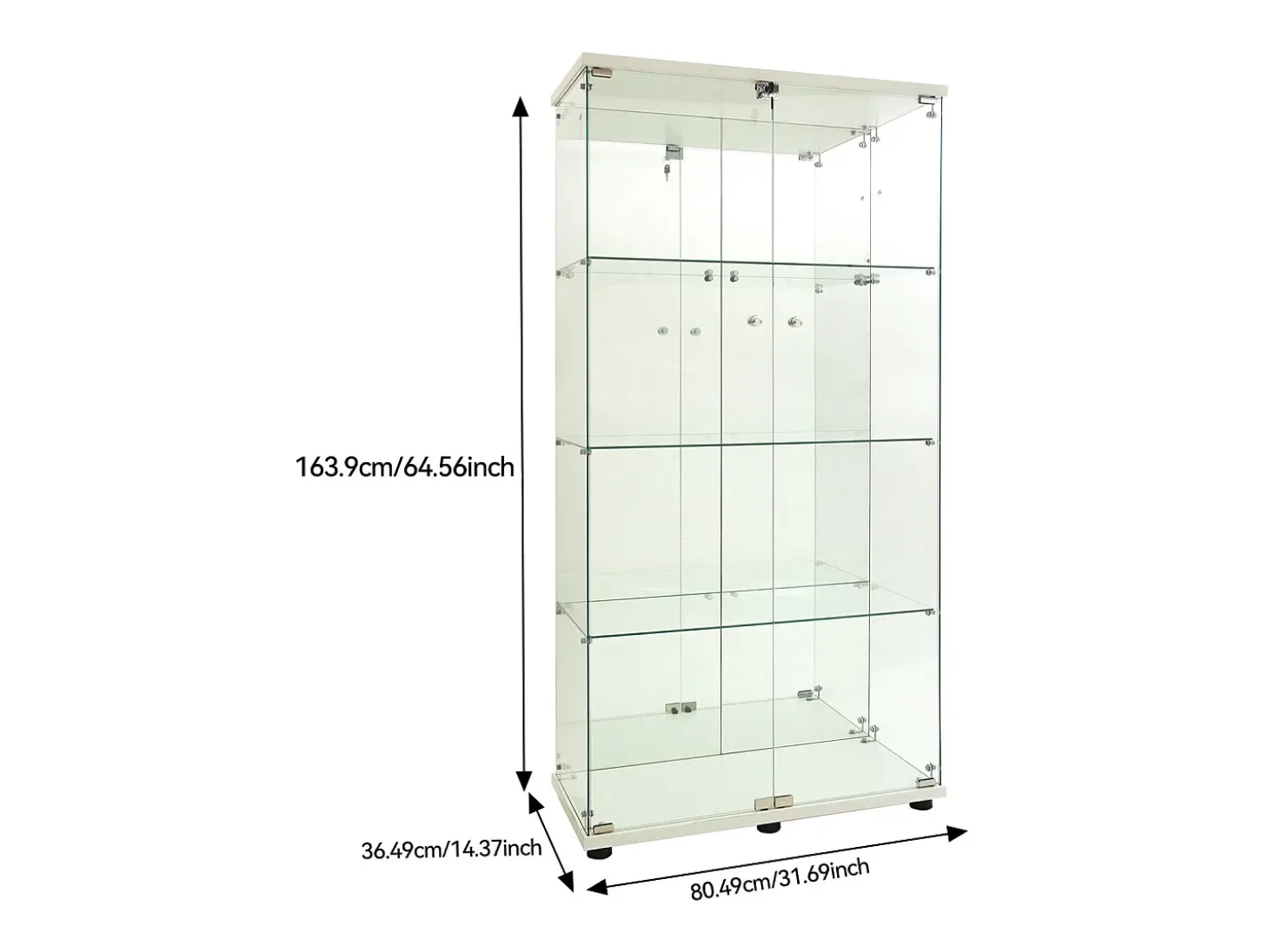 Vitrina de cristal de 163,9 x 36,49 x 80,49 cm, con estantes e iluminación LED, armario de curiosidades de doble puerta.