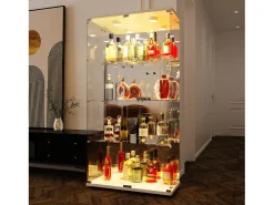 Vitrina de cristal de 163,9 x 36,49 x 80,49 cm, con estantes e iluminación LED, armario de curiosidades de doble puerta.