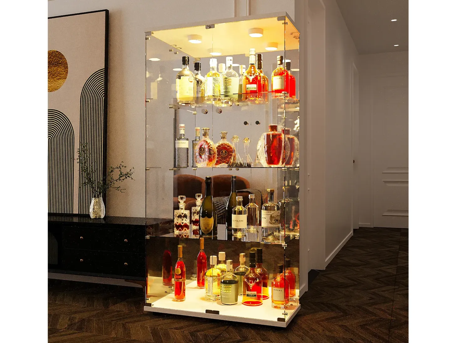 Vitrina de cristal de 163,9 x 36,49 x 80,49 cm, con estantes e iluminación LED, armario de curiosidades de doble puerta.