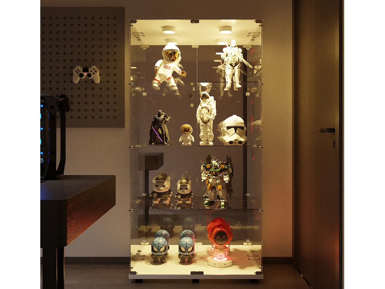 Vitrina de cristal de 163,9 x 36,49 x 80,49 cm, con estantes e iluminación LED, armario de curiosidades de doble puerta.