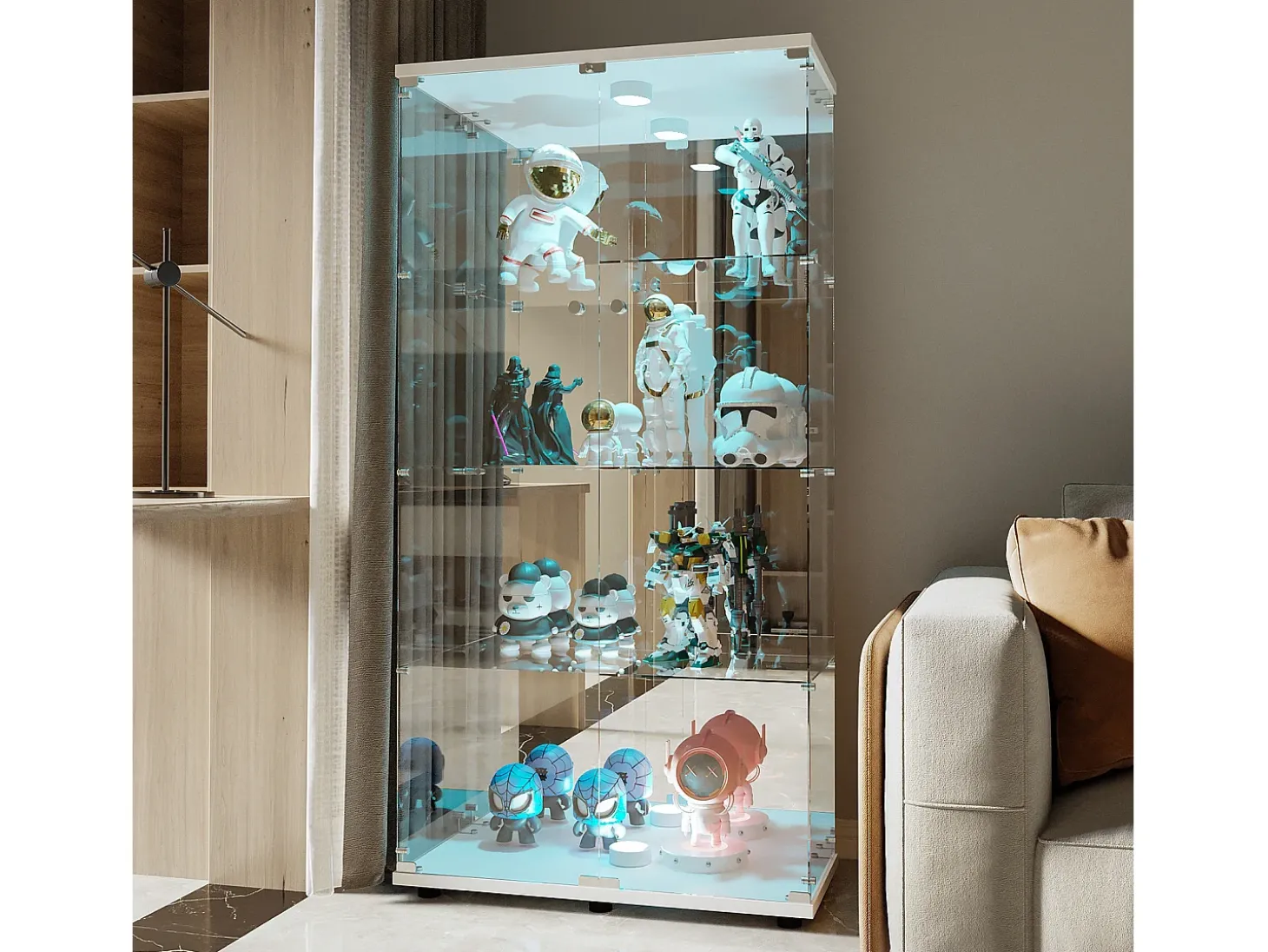 Vitrina de cristal LED – 4 estantes, 2 puertas, vitrina independiente, blanca, 80,49 x 36,49 x 163,9 cm