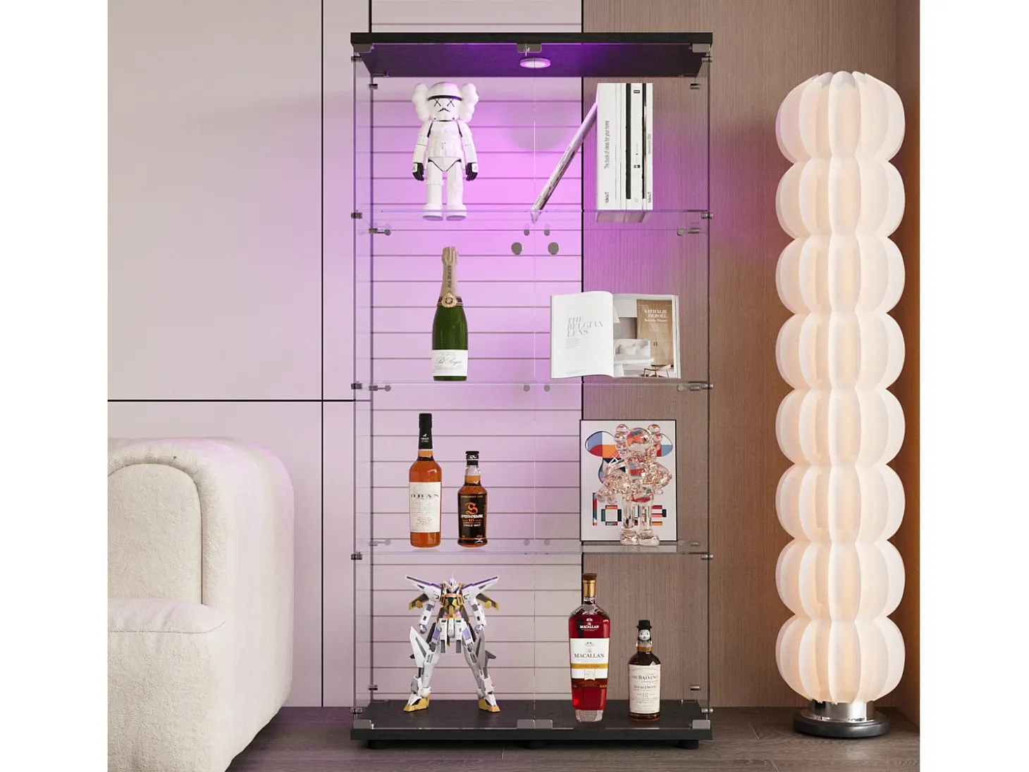 Vitrina de cristal LED – 4 estantes, 2 puertas, vitrina independiente, negra, 80,49 x 36,49 x 163,9 cm