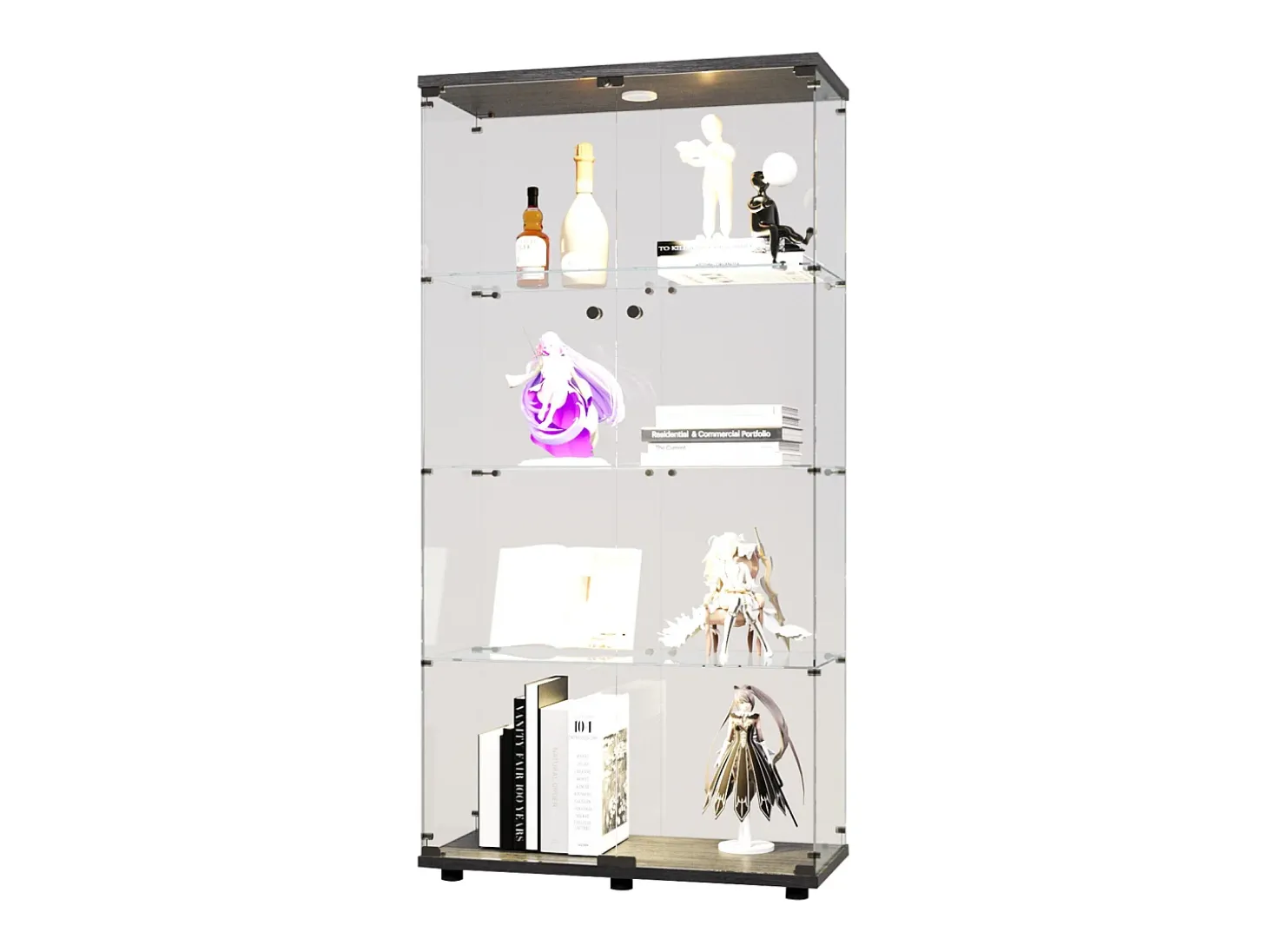 Vitrina de cristal LED – 4 estantes, 2 puertas, vitrina independiente, negra, 80,49 x 36,49 x 163,9 cm