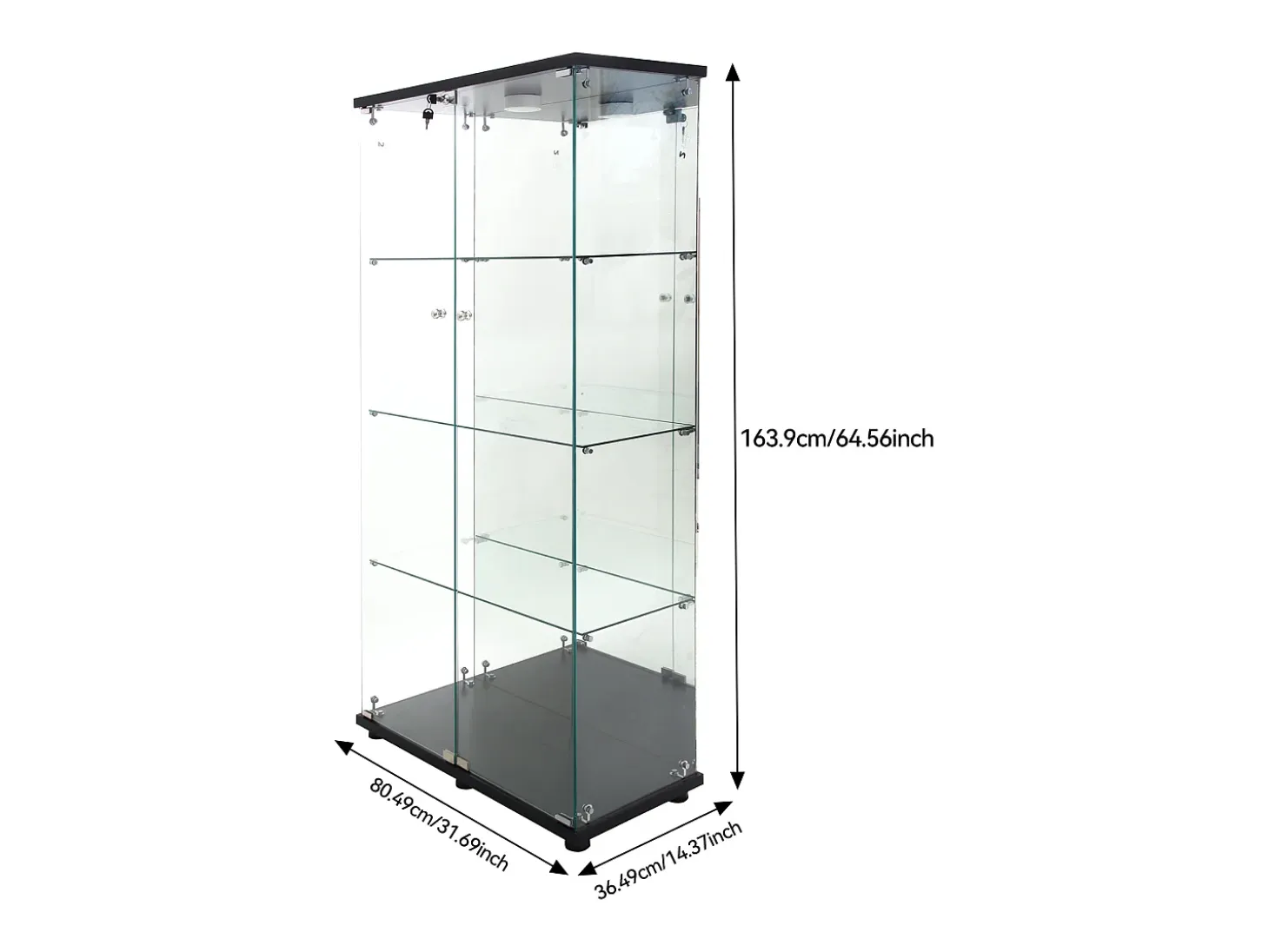 Vitrina de cristal LED – 4 estantes, 2 puertas, vitrina independiente, negra, 80,49 x 36,49 x 163,9 cm