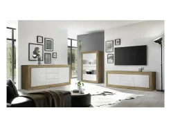 Vitrina de diseño 4 puertas colección ACCESS. Color blanco y roble oscuro.