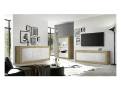 Vitrina diseño 4 puertas colección ACCESS. Color blanco y roble claro.